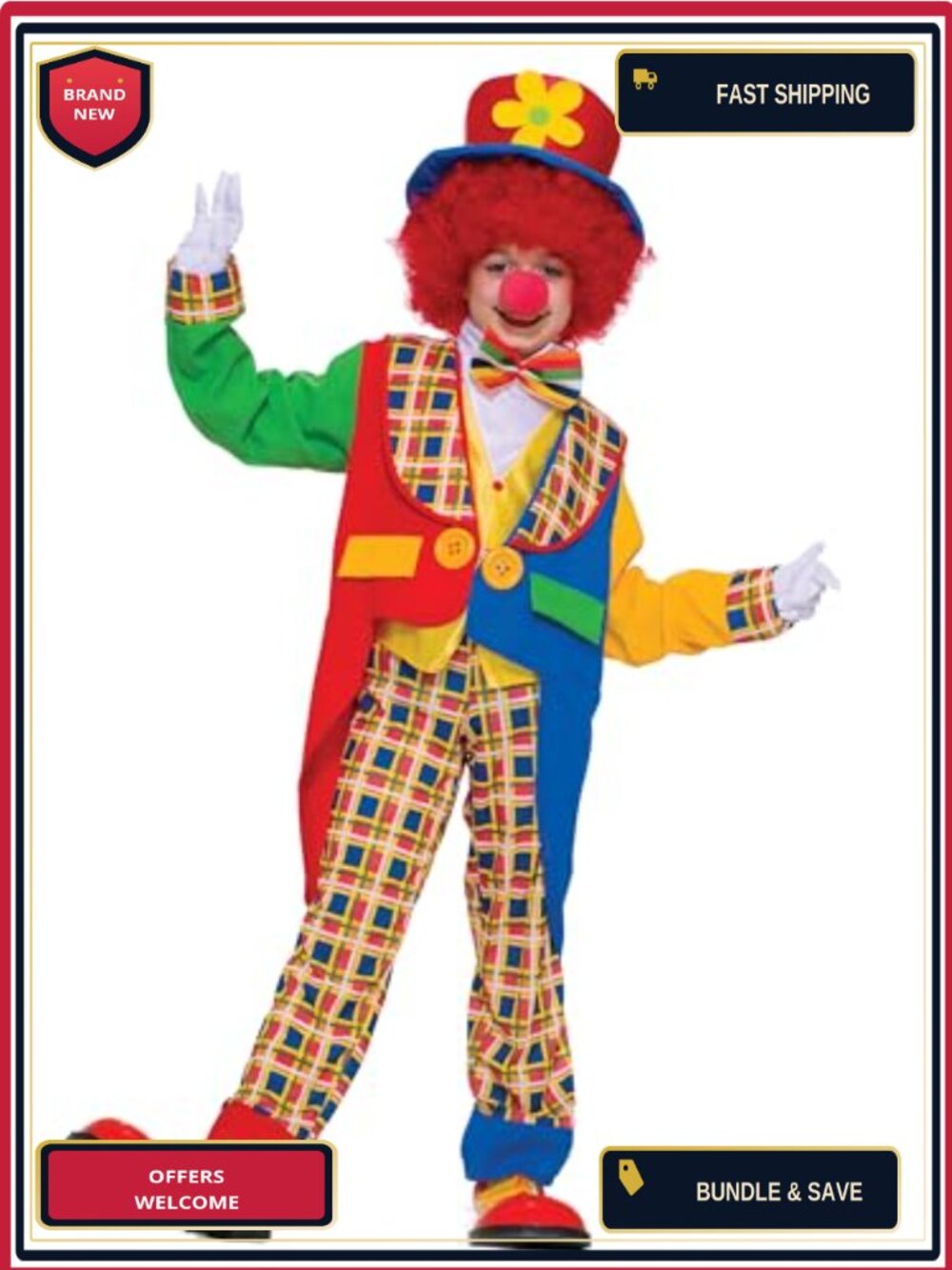 Kids Clown Costume Small 4-6 Unisex 4-Piece Polyester